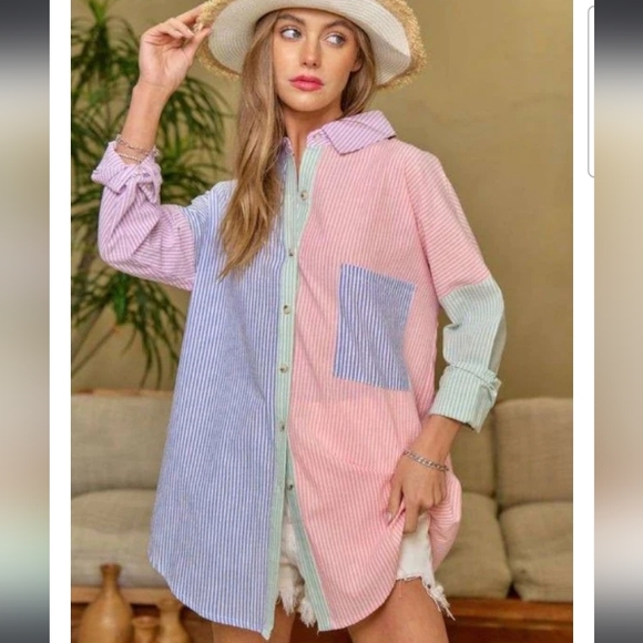 Multi Color Stripe Button Down Top - Picture 2 of 6